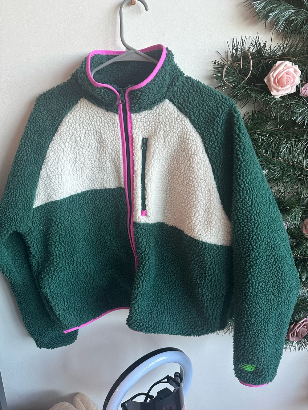 New Balance Green Sherpa Jacket with Pink Accent